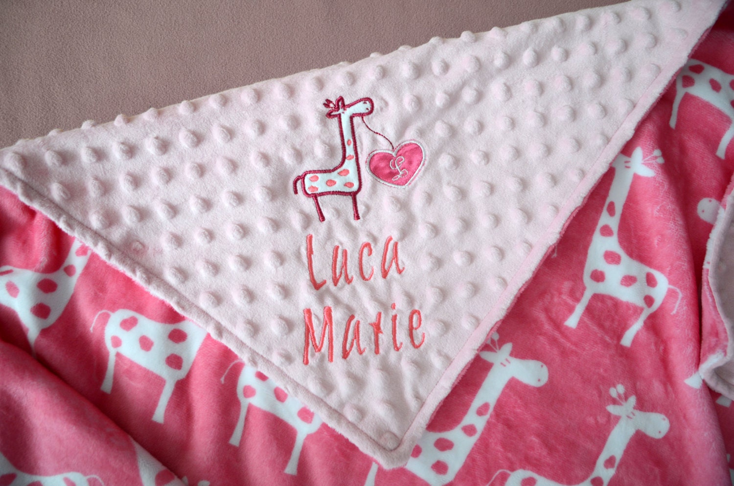 PERSONALIZED BABY BLANKET pink Giraffe with applique baby