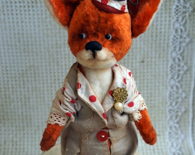 Stuffed Fox Red - Fox animal - OOAK artist teddy fox, Red Fox Joni, OOAK art teddy, bear clown, OOAK art red Fox, Plush red fox,