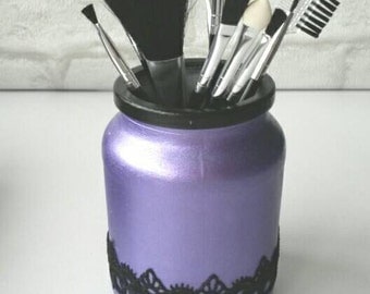 Makeup brush holder, decorative jar, purple and black jar, beauty storage, dressing table decor, upcycled jar, bedroom decor, craft storage.