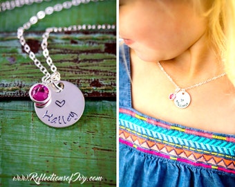 SALE • Personalized Girls Necklace • Heart Jewelry • Stamped Sterling Silver Little Girls Gift • Small Child Birthday Gift•Childs Birthstone
