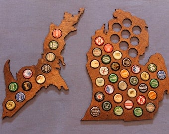 Michigan Craft Beer Cap Map, Gifts for Him, Honey Brown finish