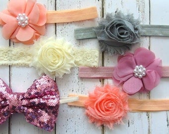 Shabby Chic Baby Headband Set, Baby Hair Bows, Baby Girl Headbands, Baby Bows, Baby Headwraps Set, Baby Girl Bows, Baby Headbands, Hair Band