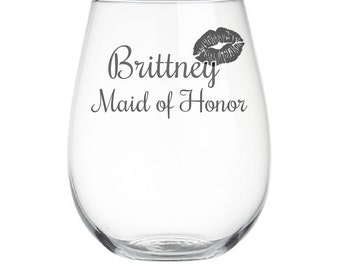 One Single (1) Etched Stemless Wine Glasses, Bridesmaid Gifts, Wedding Party Stemless Wine Glass, Personalized Stemless Wine Glasses