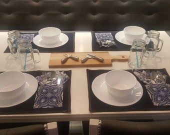 Fashion forward denim placemats with pocket and matching napkin