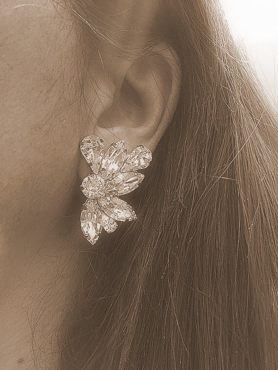 Wedding Vintage Style crystal Earrings Bridal Clip On