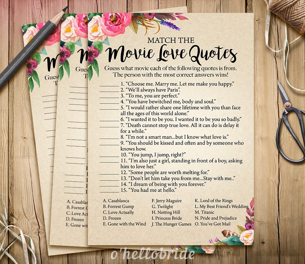 Movie Love Quote Match Game Printable Boho Bridal Shower