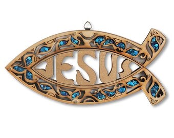 Wooden Christianity Jesus Ichthys Fish Wall Decor with Gemstones