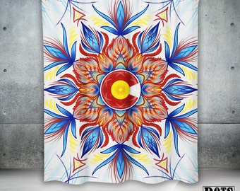 Colorado Mandala Paint Watercolor Modern Shower Curtain Blue Red White Yellow