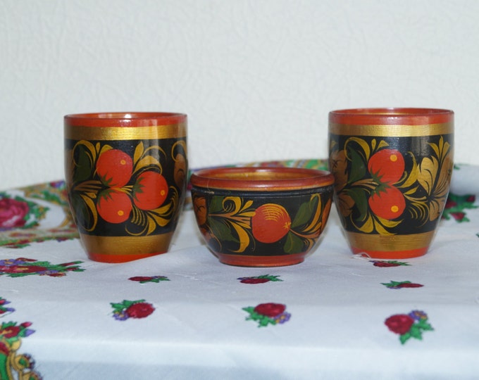 Russian vintage, wooden cups, Khokhloma painting