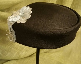 Vintage Pill Box Hat blue straw blue silk flowers FREE SHIPPING, Vintage clothing, MCM easter bonnet, sunday hat, kentucky derby spring hat