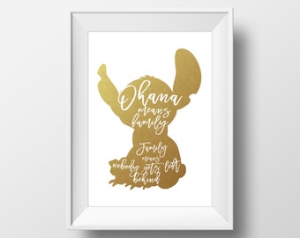 Wall Art Disney Print Stitch Gold,Lilo and Stitch,Disney Quotes,Gold Textured Print,Nursery Wall Art,Printable Disney,Ohana,Family