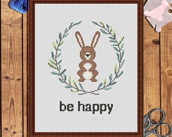 Be happy Hand embroidery pattern pdf Bunny printable cross stitch pattern Baby girl cross stitch Baby embroidery pattern Baby shower gift