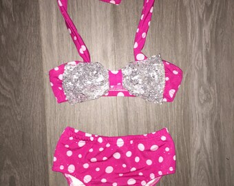 Minnie Mouse sequin Inspired bathing suit girls two piece