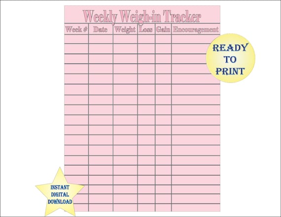 Weekly Weigh in Tracker Single Printable Sheet Pink and Gray 8