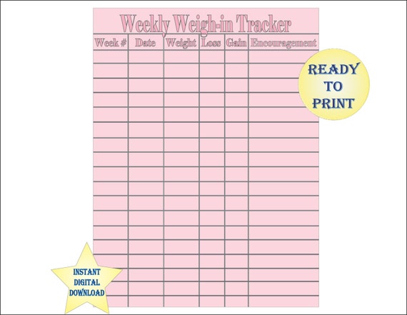 Weekly Weigh in Tracker Single Printable Sheet Pink And Gray 8