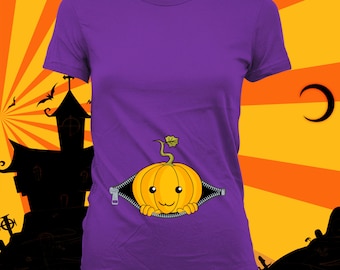 Baby Peeking Out Shirt (Cute Pumpkin) - Halloween Pregnancy Costume, Pregnancy Reveal Shirt, Halloween Shirt, not maternity - CCB-274