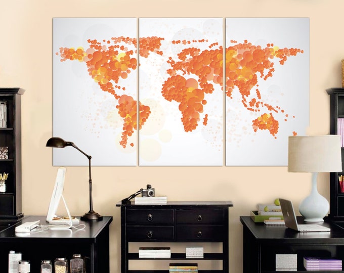 Large Orange Abstract World Map Canvas Wall Art Panel Set of 1,3,4 or 5 Panels on Canvas Wall Art for Home & Office Decoration