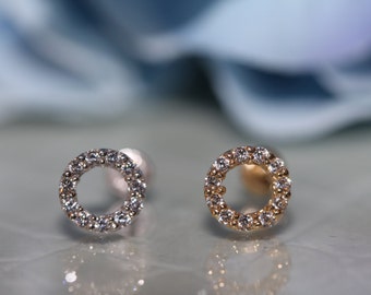 14K Pure Solid White/Yellow Gold Round Halo With Cubic Zirconia Screw-Back Stud Earrings (6mm) #S92300