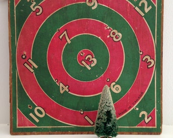 Vintage GAME BOARD * Dart Board Folk ART * Made in Canada* Paper on Plywood * Man Cave Decor * Christmas Decor * Ring Toss Game Board *