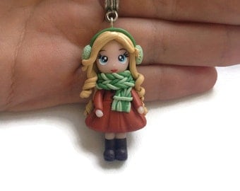 Clay dolls Miniature pendant Fimo dolls Girl in scarf Autumn necklace Fimo necklace doll Doll pendant Polymer doll pendant Gifts