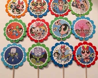 12 Powerpuff Girls birthday decorations, Powerpuff Girls cupcake toppers OR party tags, Powerpuff Girls party favors