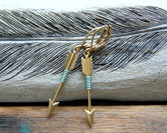 Archery Earrings - mint green wire wrapped brass arrow earrings - boho chic - arrow earrings - arrow jewelry - Sagittarius
