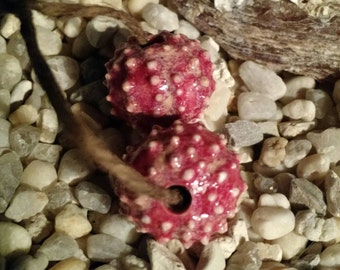 2 chunky frosted cherry red Sea Urchin beads 7/8" for jewelry creations handmade ceramic porcelain - by Earth N Elements Pottery