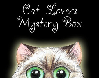 Cat Themed MYSTERY BOX - Blind bag of Cat Art, Gifts and Goodies for Cat Lovers. Great gift for cat lovers.
