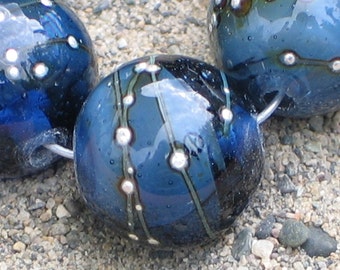 Handmade Glass Lampwork Beads, Denim Blue/Silver art bead