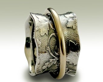 Sterling silver band, yellow gold ring, spinner ring, woodland ring, botanical ring, wide band, meditation ring- Nothing else matters R1736A