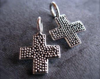 Solid Sterling Silver Cross Charms - Oxidized and Polished - dotted texture