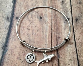 Trout initial bangle - trout jewelry, fly fishing bracelet, lake jewelry, fisherman bangle, silver trout bracelet, fish jewelry