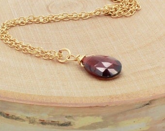 Red Garnet Necklace, Mozambique Garnet, January Birthstone, Pendant Necklace, Gold, Rose Gold or Silver