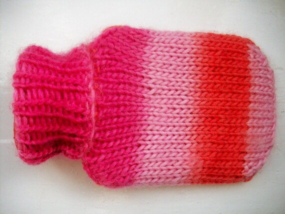 Mini hot water bottle, hand knitted cozy,orange, pinks, multi