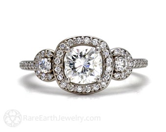 Cushion Moissanite Engagement Ring Three Stone Diamond Halo Forever Brilliant Moissanite 14K or 18K Gold Platinum Conflict Free