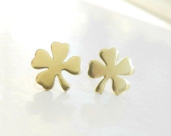 Shamrock Earring Studs, Four Leaf Clover Earrings, St Patricks Day, Brass Earrings, Shamrock Jewelry, Luck of the Irish, Sterling Silver