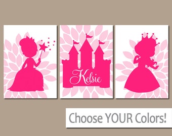PRINCESS Wall Art, Princess Castle, Baby Girl Nursery Wall Art, Girl Bedroom Pictures, CANVAS or Prints, Set of 3 Personalized Girl Decor