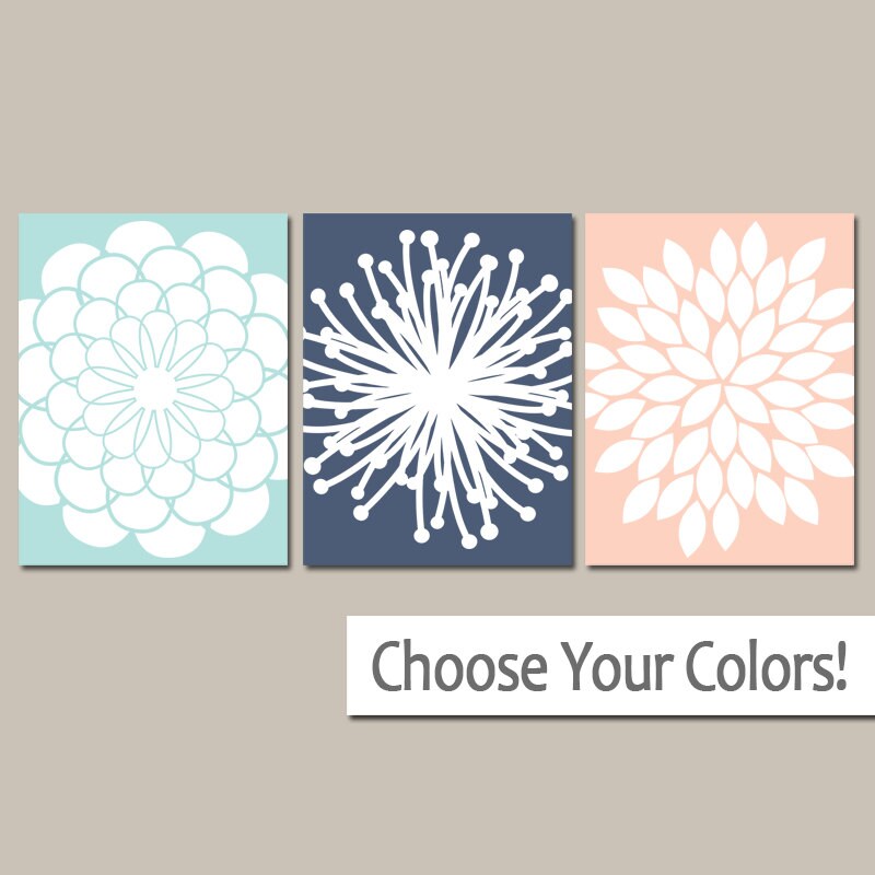 Aqua Navy Peach WALL ART Canvas or Prints BATHROOM Artwork