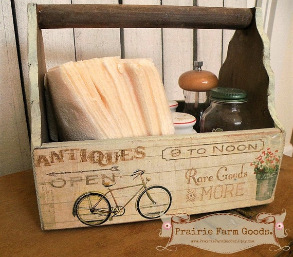 Wood Tool Box Wooden Garden Caddy Tote Antique bike theme