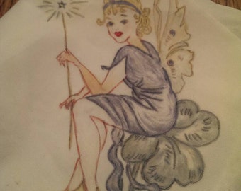 Vintage Hand-painted Fairy Hanky with Tatted Edging