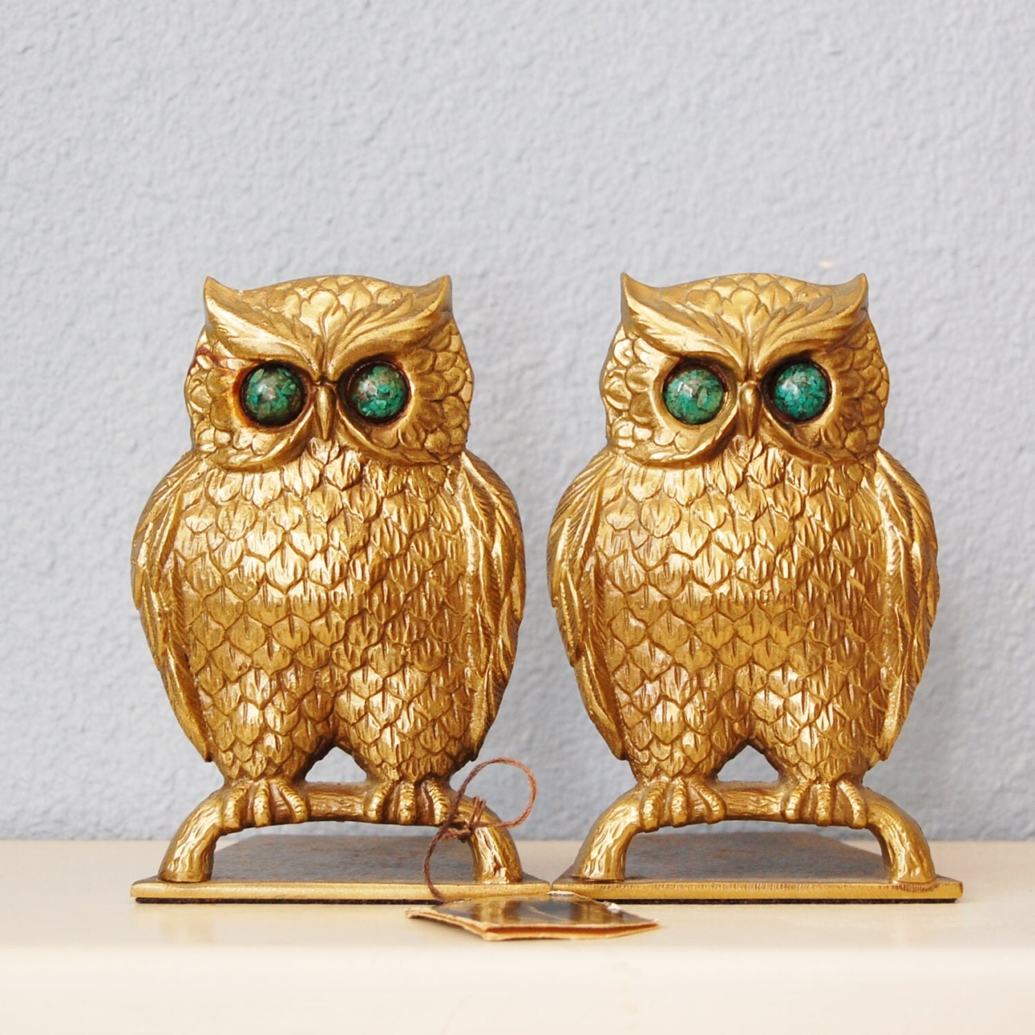 Vintage 1970s Owl Bookends Guild Brass Green Eyes Made in