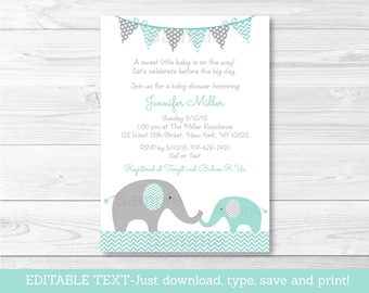 Elephant Baby Shower Invitation / Elephant Baby Shower / Mint Green & Grey / Gender Neutral / INSTANT DOWNLOAD Editable PDF A101
