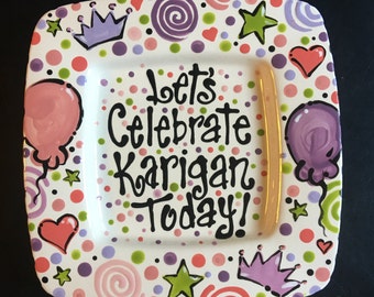Birthday, Special Day Plate - Hand Painted 12" Rimmed Square Ceramic Platter