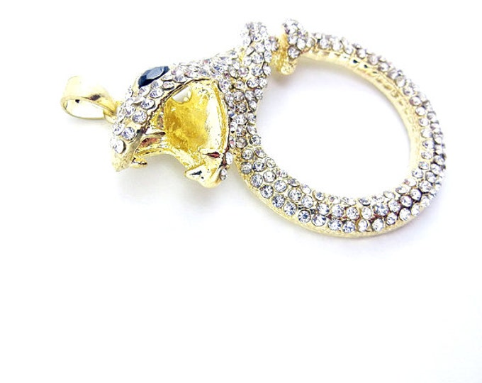 Gold-tone Rhinestone Encrusted Snake Pendant with Black Rhinestone Eye