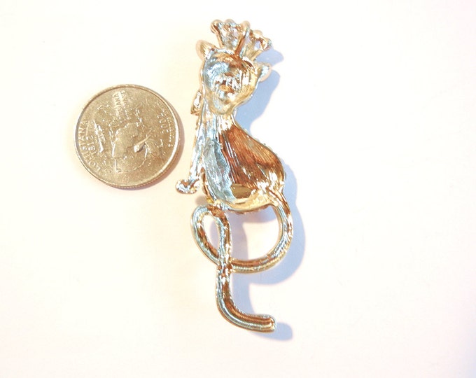 Cat with Crown and Rhinestones Pendant Gold-tone