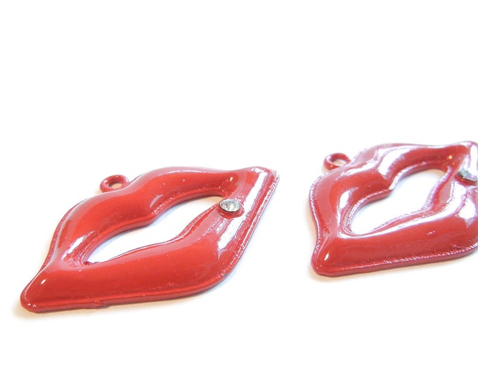 Pair of Red Epoxy Lip Charms with Rhinestone Beauty Mark Accent Silver-tone