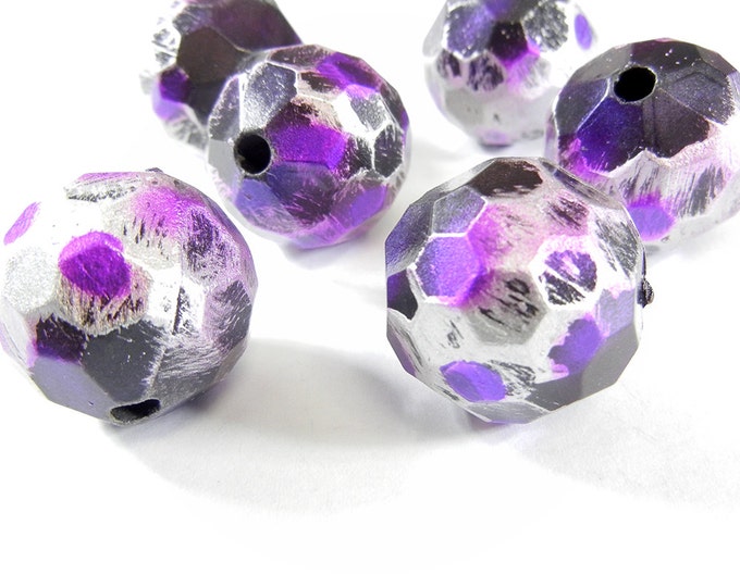 Set of 6 Large Faceted Metal Beads with Purple Black and Silver Color