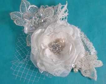 Bridal Hair Flower, Ivory Lace, Organza and Tulle Rose Hair Clip H190, bridal hair accessory