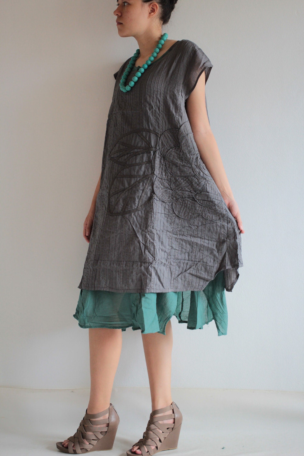 Artistic collection...Sunflower layers dress Gray/ blue teal