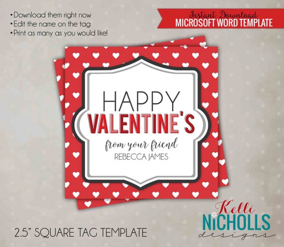 DIY Children Valentine's Day Friend Tag Template, Red with White Hearts - Instant Download